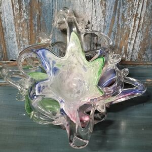 Handblown Star Shaped Glass Art Bowl in Green, Blue & Pink By Murano Set 2